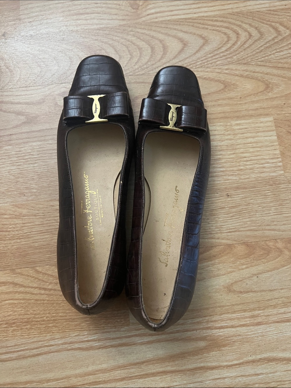 Salvatore Ferragamo Dark Brown Croc-Embossed Vara Bow Flats
